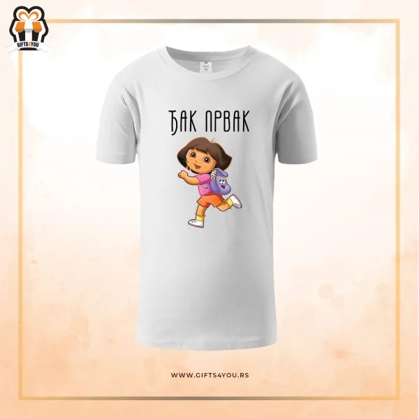 027 Dečija majica đak prvak Dora sa rancem koja trči